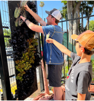 Matthew Katz and his son Tyler placing plants in a vertical garden at The Nest