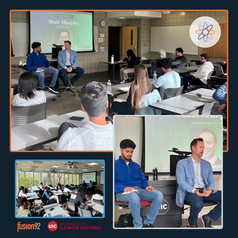Photo collage of Matthew Murphy seated with a moderator and speaking with students at the University of Illinois Chicago