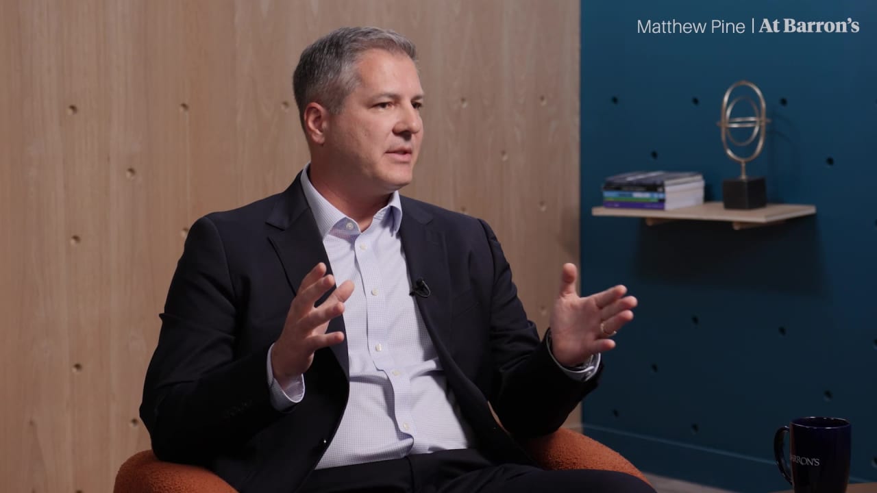 Matthew Pine speaking during a seated Barron’s studio interview