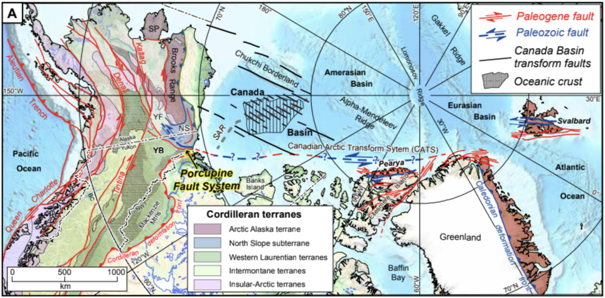 Geologic map of the Arctic showing the Porcupine Fault System in Alaska