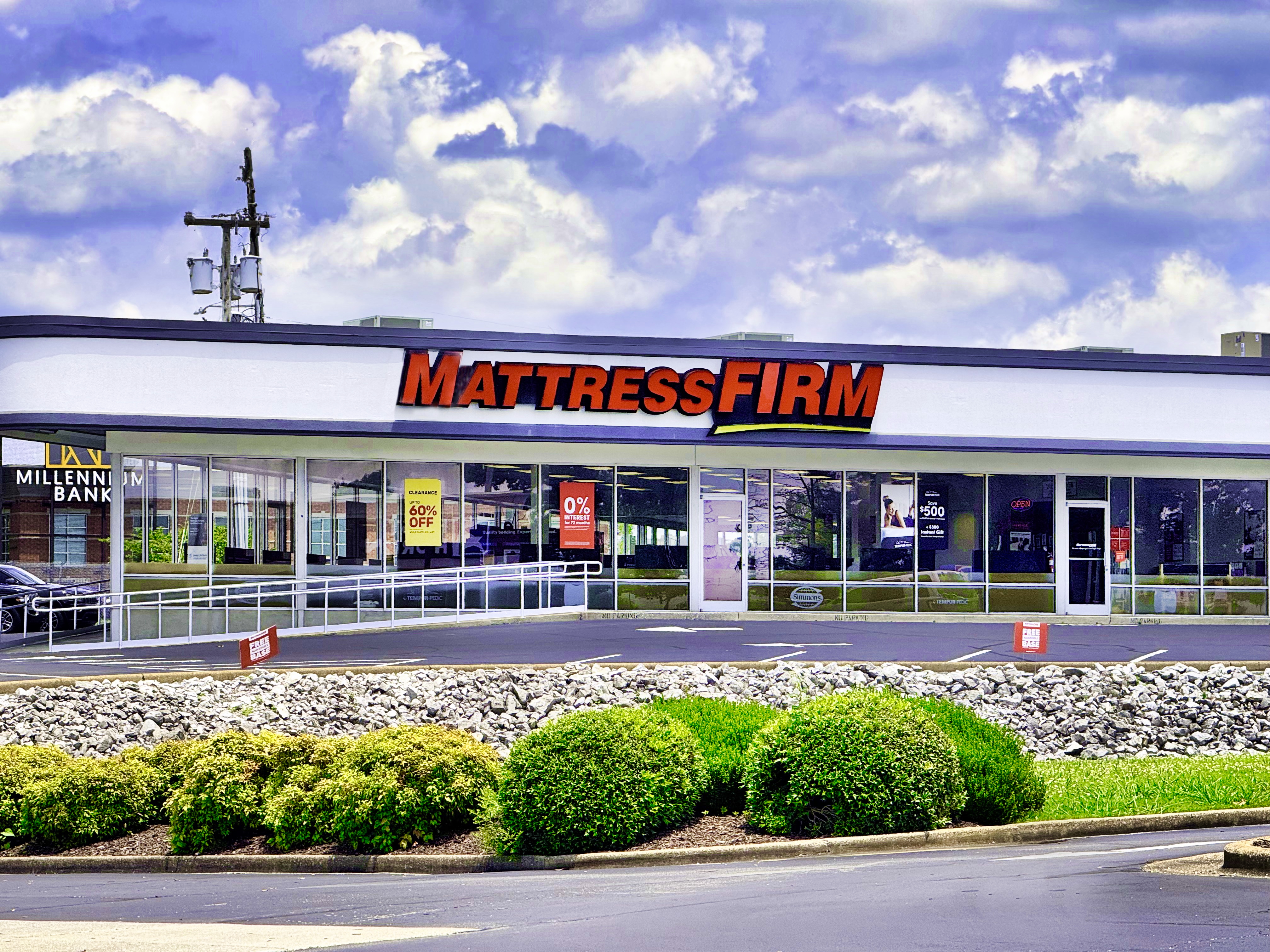 Mattress Firm storefront in Chattanooga, Tennessee, with red lettering above the entrance