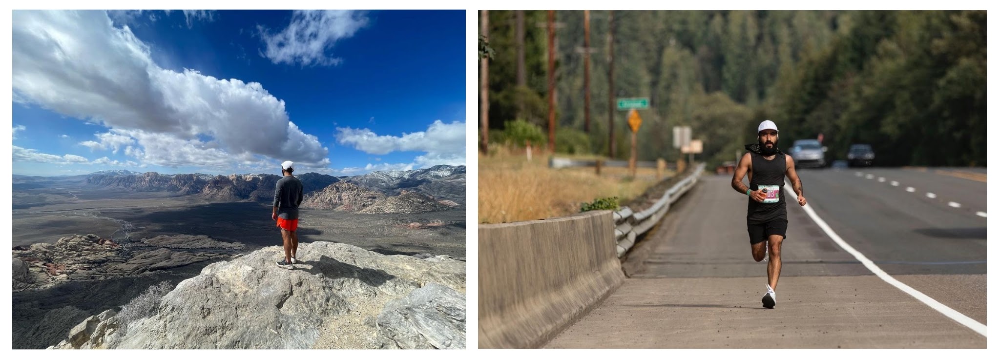 Mauricio Díaz looking across a mountain landscape, beside a second photograph of him running on a wooded road
