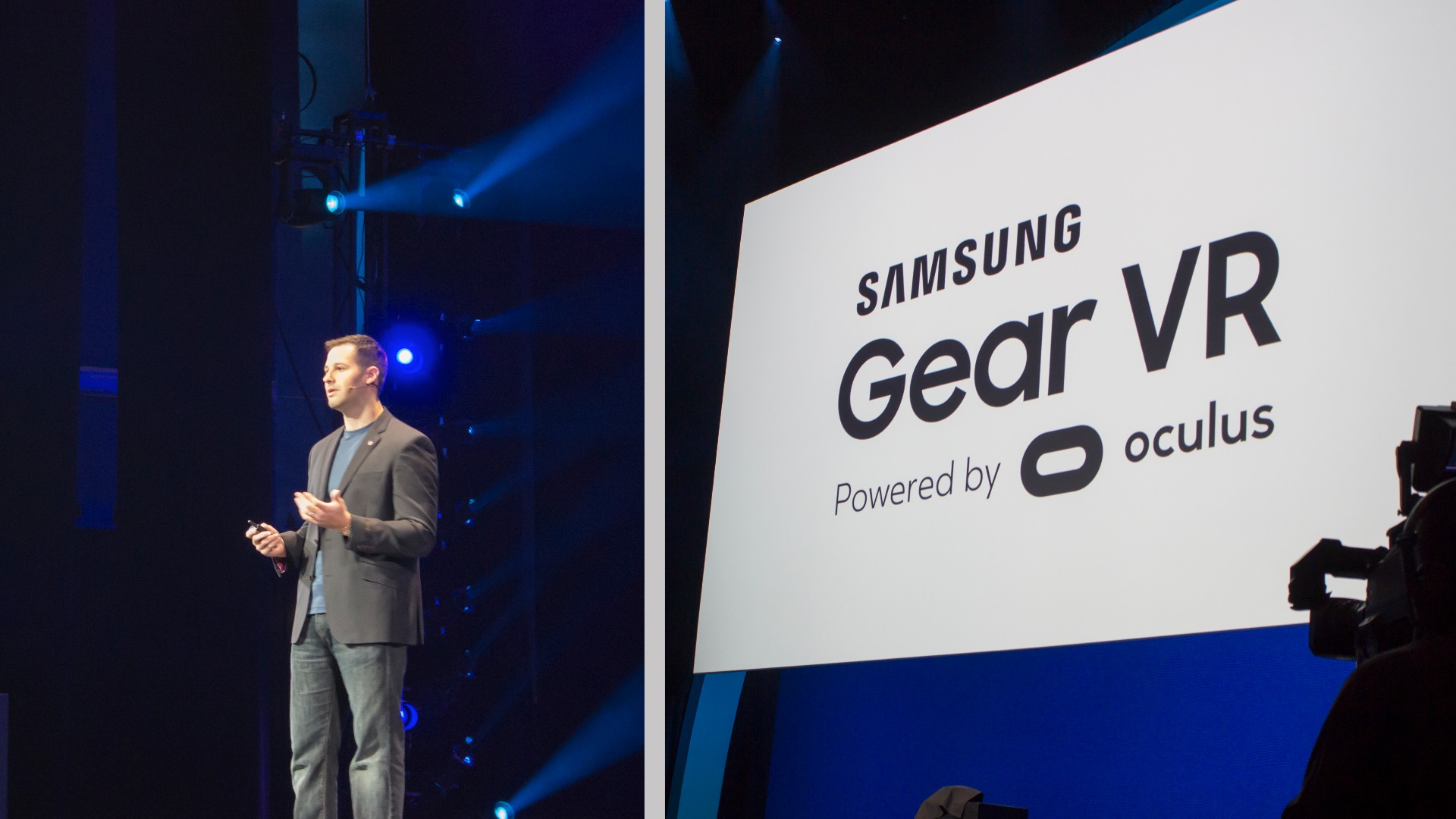 Max Cohen presenting Samsung Gear VR on a conference stage in 2015