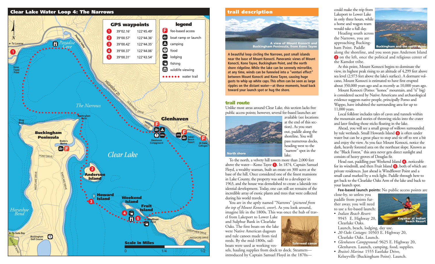 Unfolded Narrows brochure showing route descriptions, a central map, photographs and a GPS waypoint table