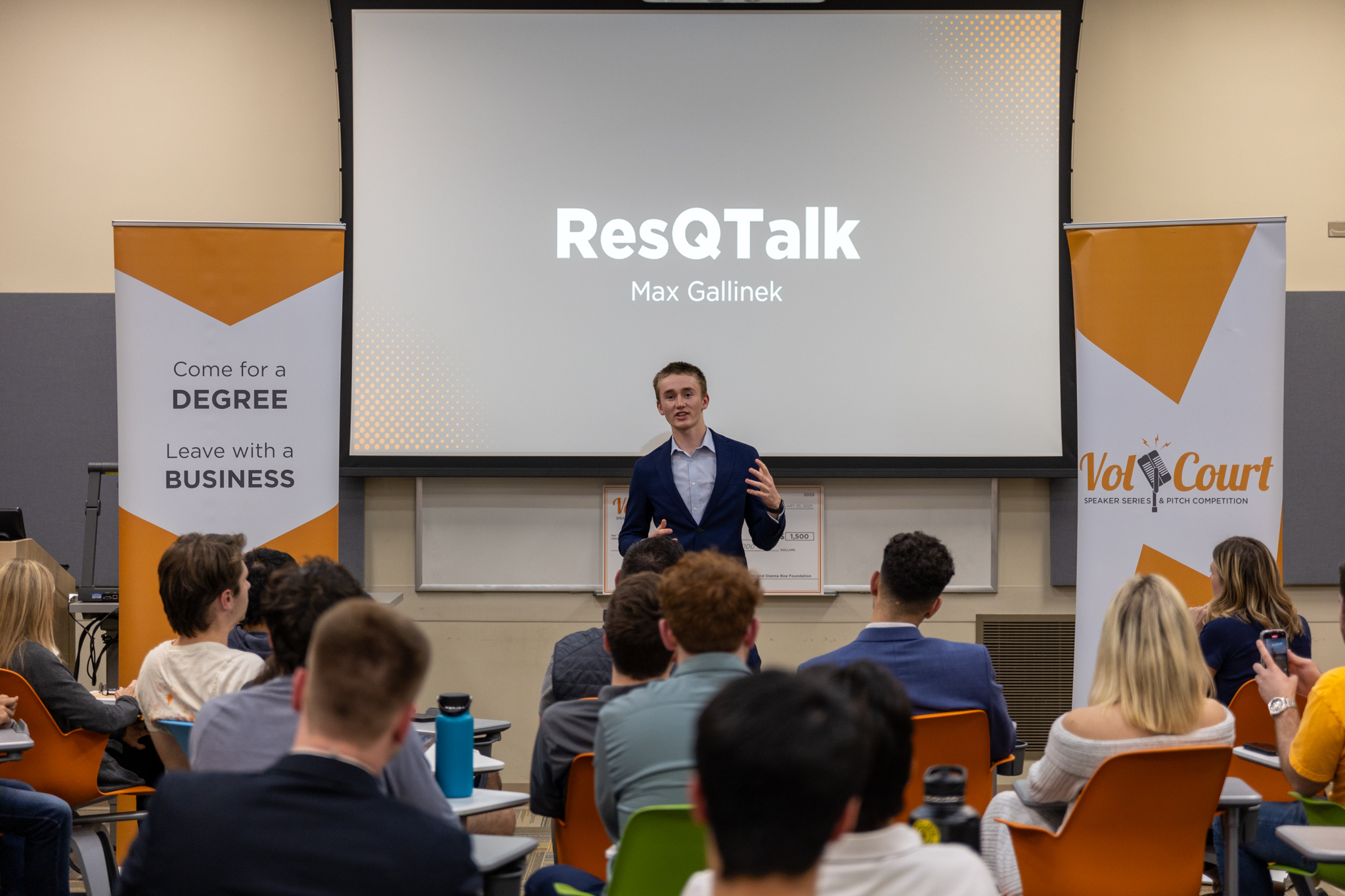 Max Gallinek pitching ResQTalk to an audience at the University of Tennessee's Vol Court competition