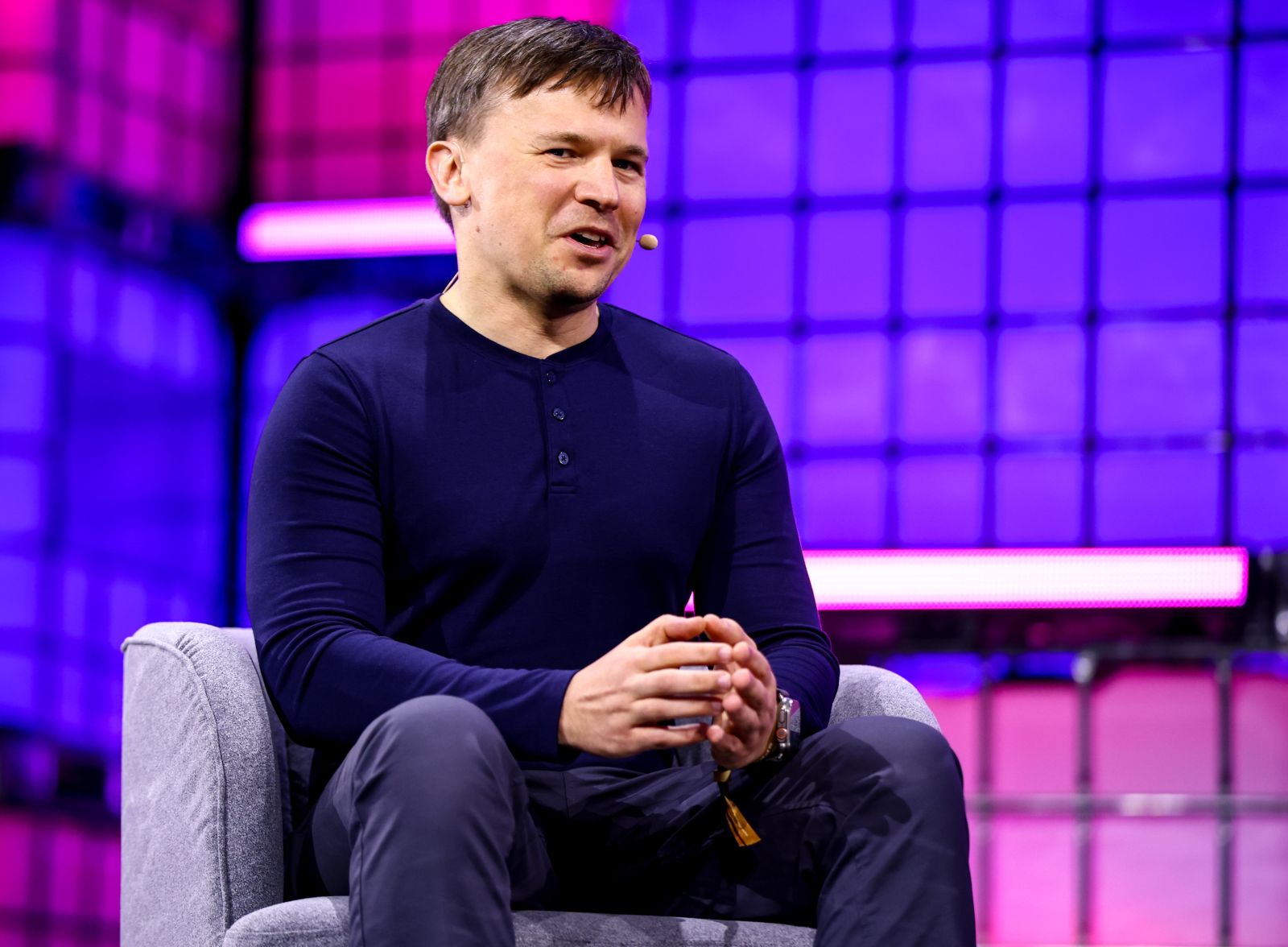 Max Lytvyn seated onstage during a conversation at Web Summit Vancouver in 2025