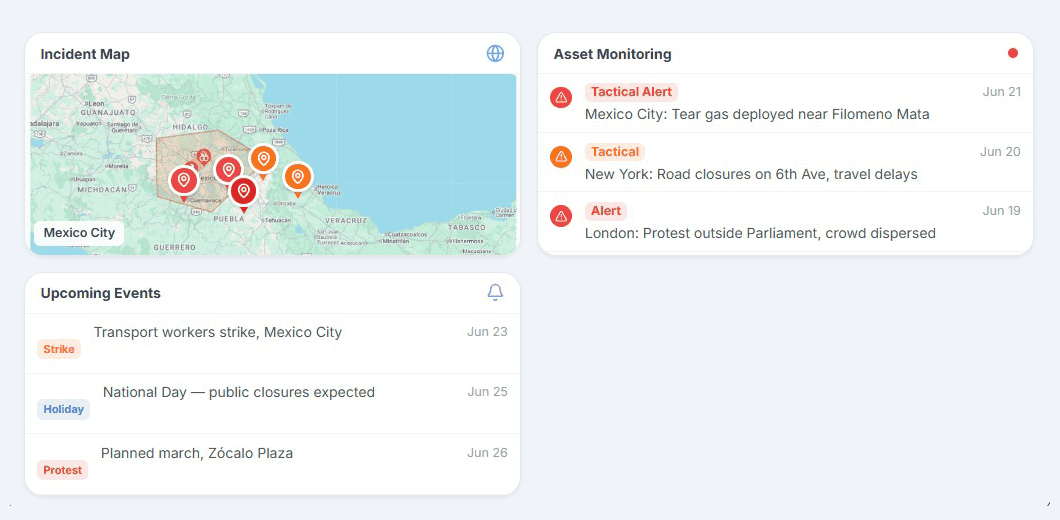 MAX’s example dashboard with incident map, asset alerts, and upcoming events