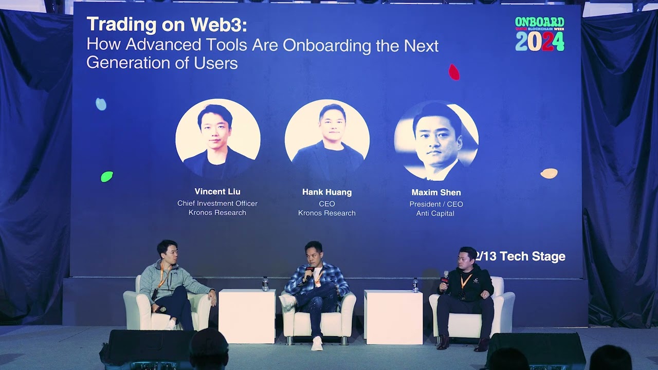 Vincent Liu, Hank Huang and Maxim Shen seated onstage at Taipei Blockchain Week 2024; Shen is at right.