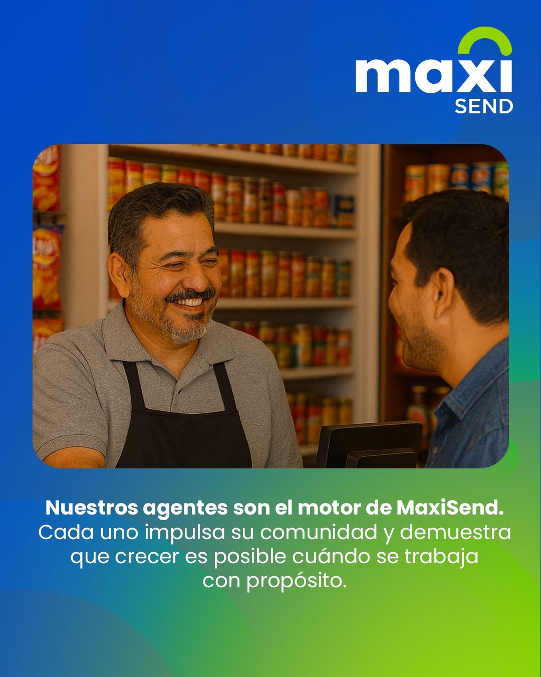 MaxiSend promotional artwork depicting a shop agent speaking with a customer at a grocery counter
