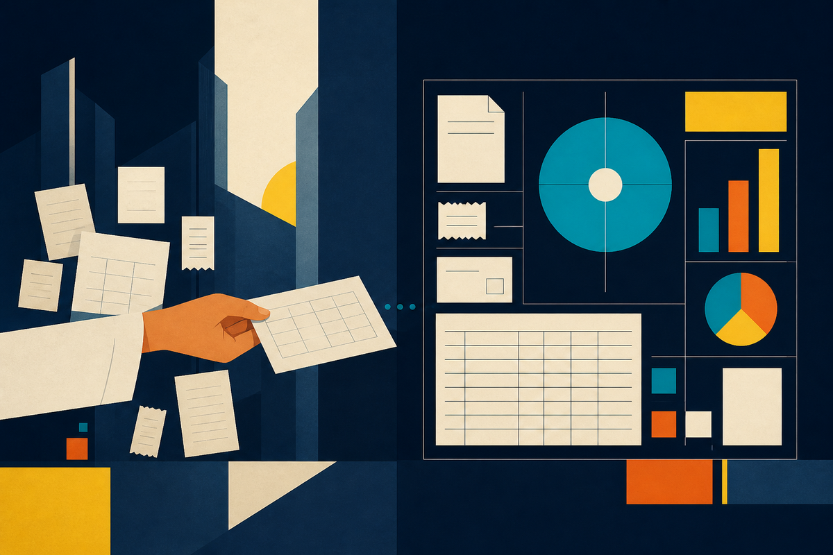 Abstract editorial illustration of loose financial records becoming an orderly digital dashboard