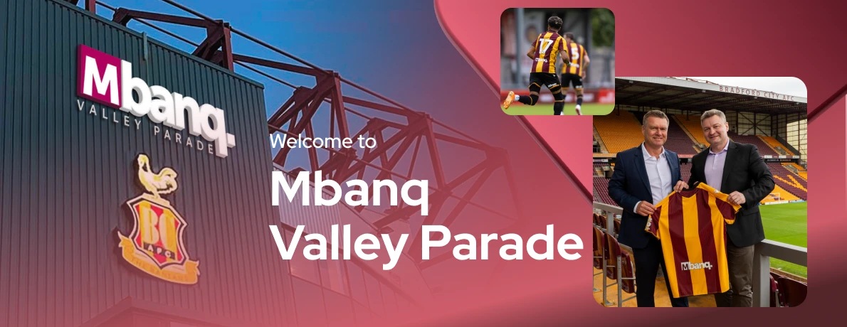 Mbanq press montage showing Valley Parade stadium signage, Bradford City players and partnership representatives