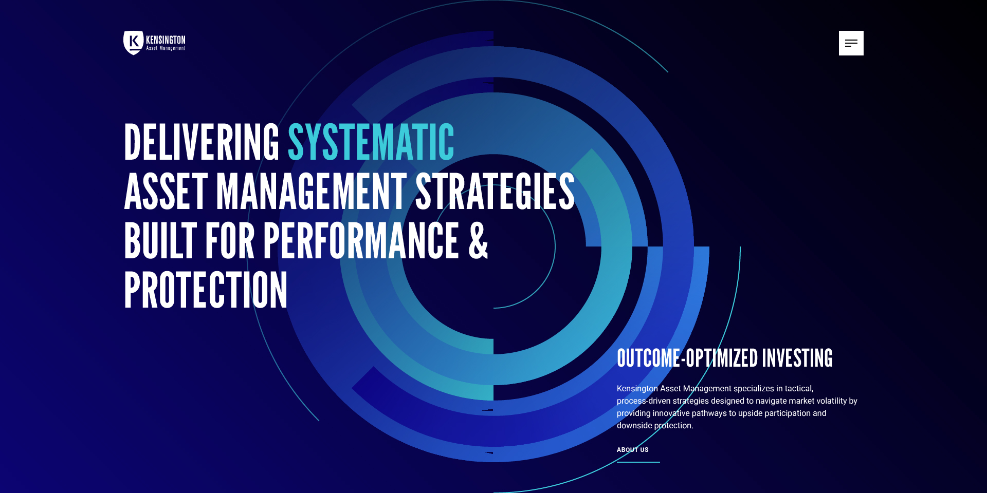 Kensington Asset Management website with blue geometric rings and bold white typography