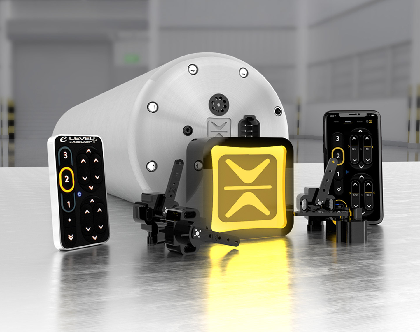 AccuAir campaign imagery created with 3D-rendered suspension components