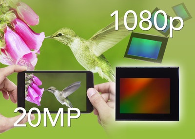 Promotional image showing a 20-megapixel Toshiba image sensor beside a smartphone photographing a hummingbird