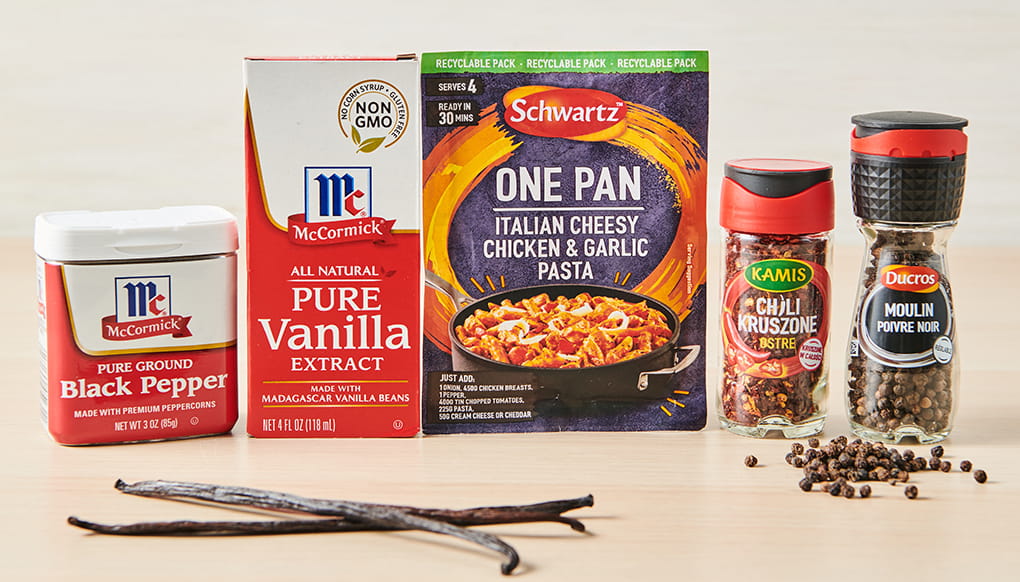 McCormick pepper and vanilla beside Schwartz, Kamis and Ducros products