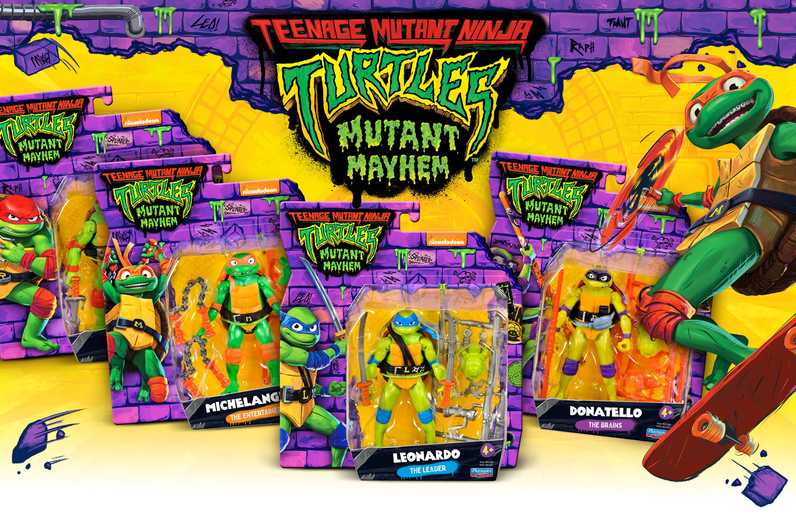 Four Teenage Mutant Ninja Turtles action figures in McHale-designed Mutant Mayhem packaging