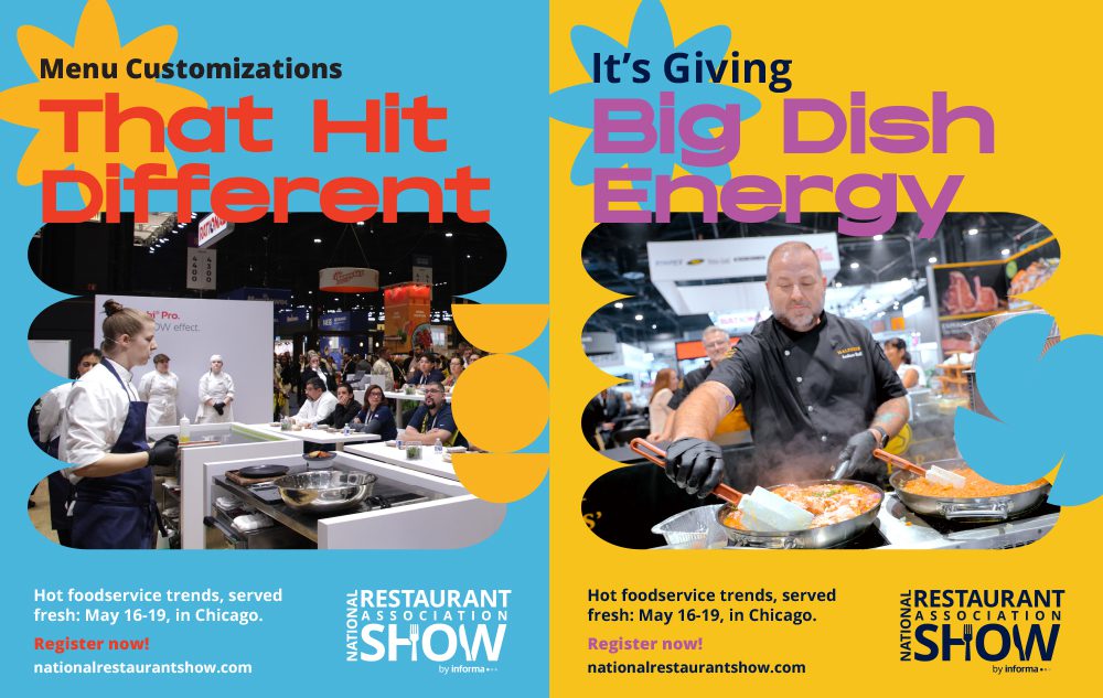 Two National Restaurant Association Show campaign designs featuring cooking demonstrations