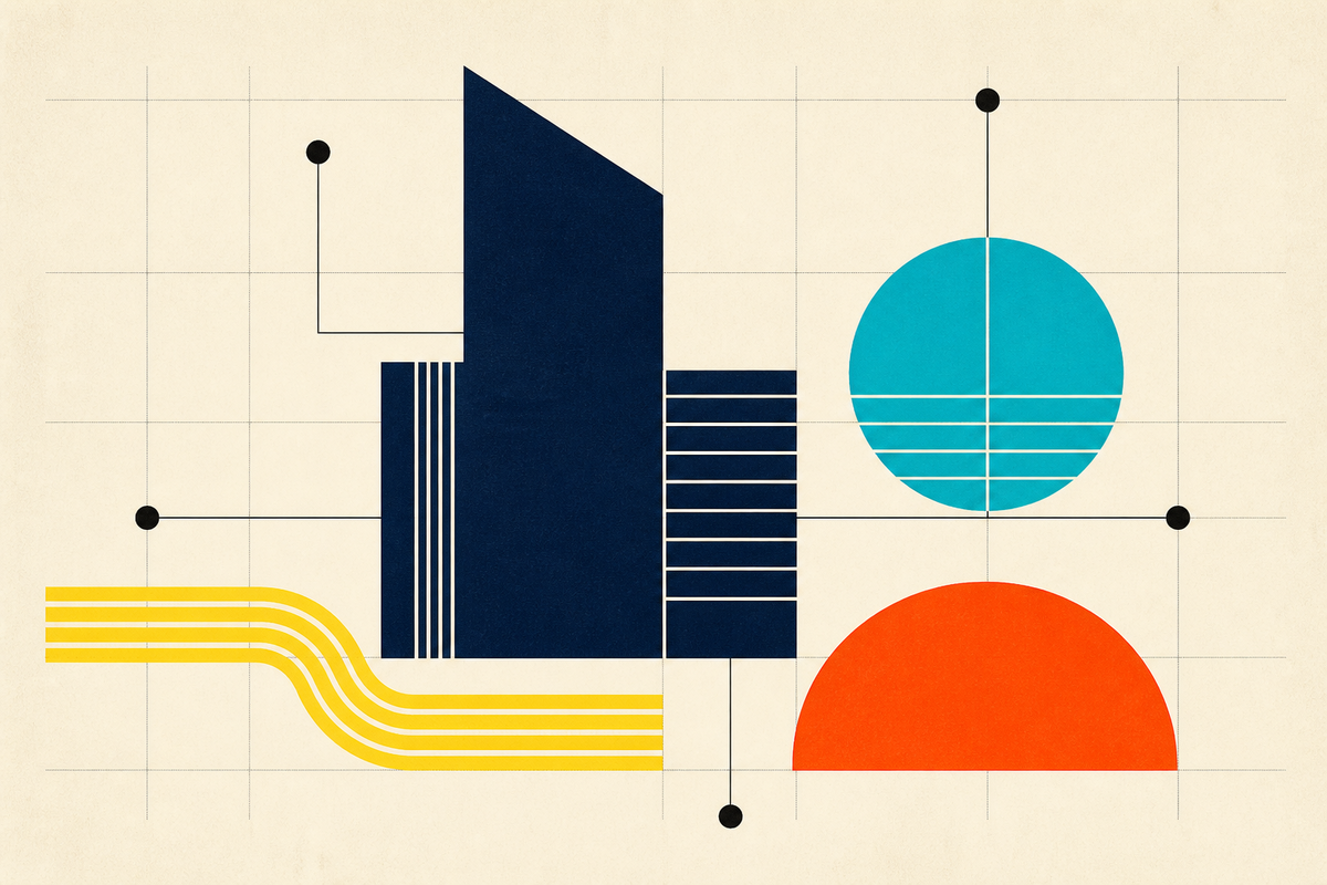 Abstract Swiss-style composition showing connected geometric fields for property, wellness, hospitality and fitness