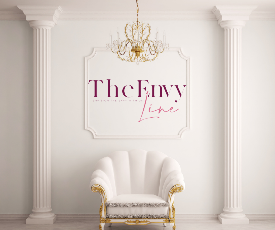 TheEnvyLine editorial artwork with white columns, a chandelier and a centered chair