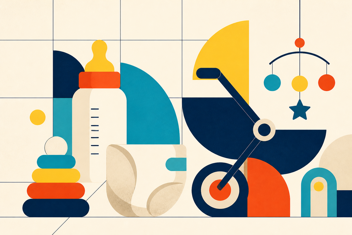 Abstract Swiss-style illustration of a baby bottle, stroller, stacking rings, diaper and nursery mobile
