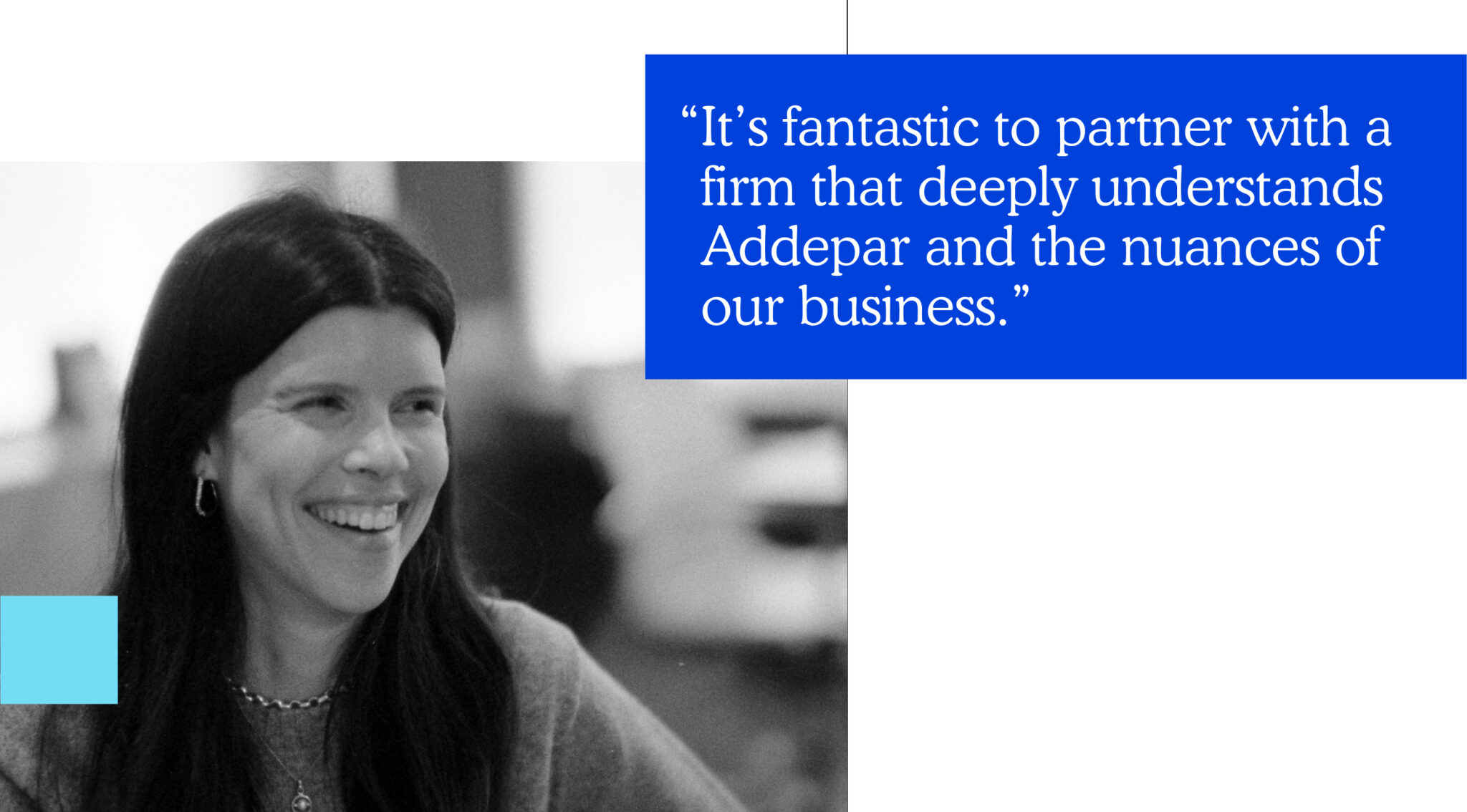 Meagan Ward smiling in a black-and-white editorial photograph beside a quotation about understanding the nuances of Addepar