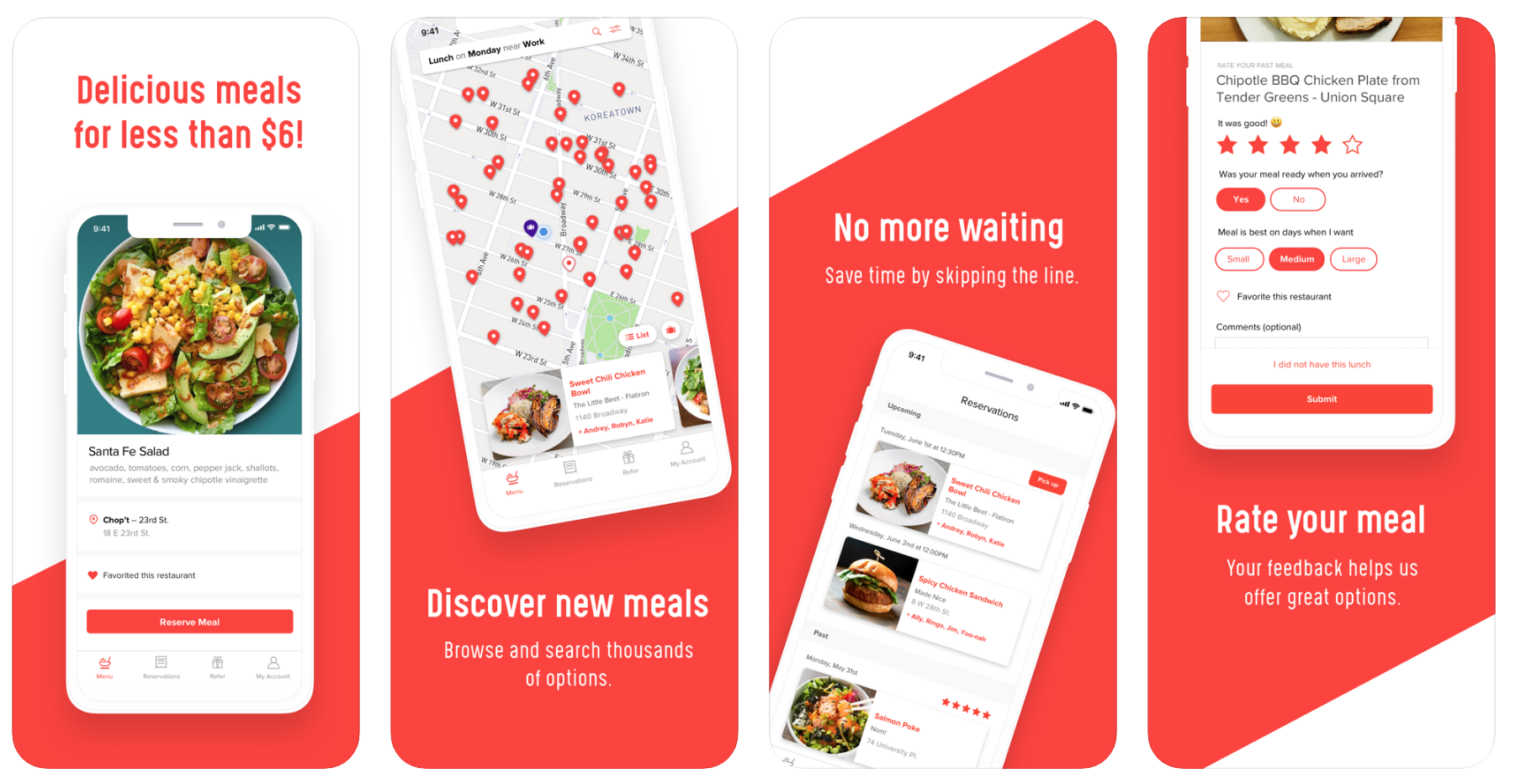 Historical MealPal app screens showing restaurant selection and meal reservations