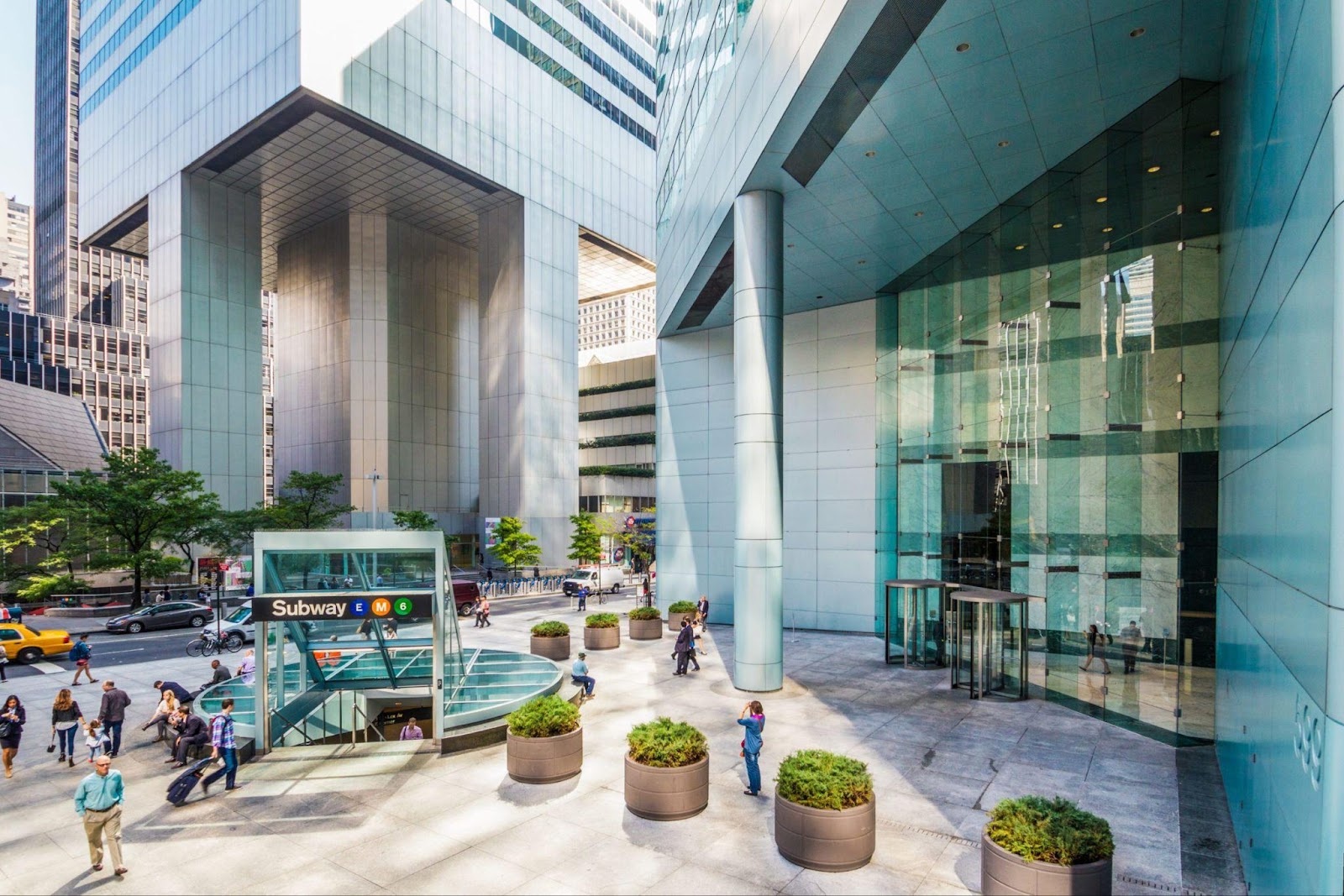 The glass entrance and street plaza at BXP’s 599 Lexington Avenue in New York