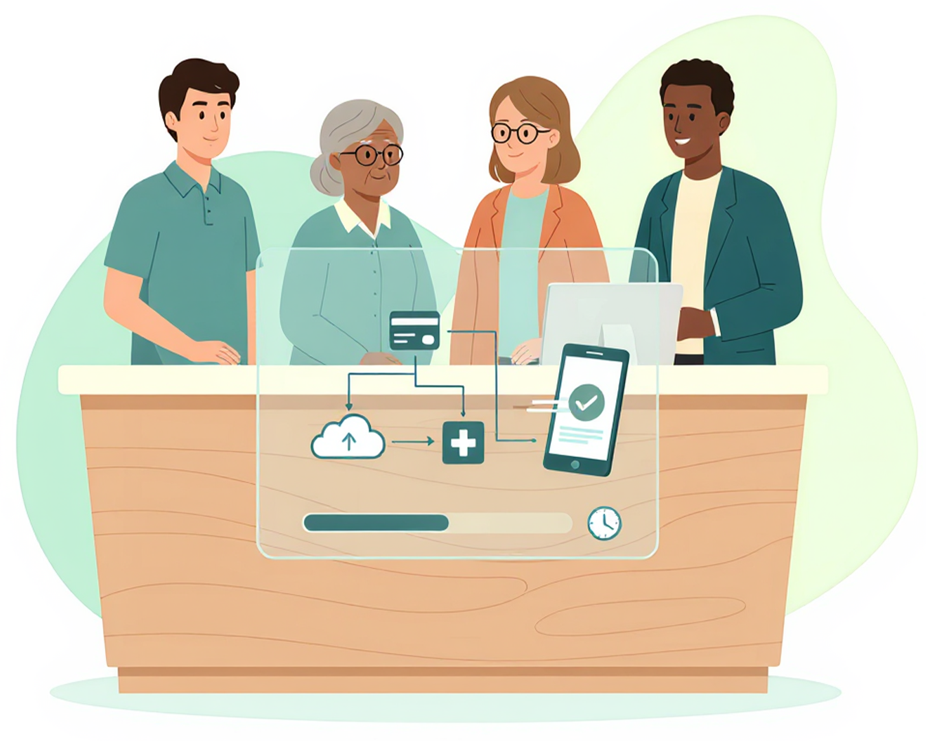 Medata website illustration showing people connected through digital payment and healthcare tools