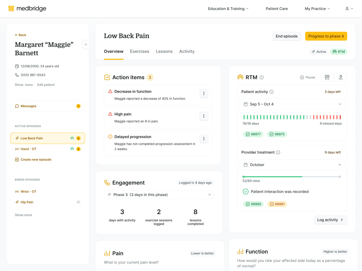 Medbridge patient record dashboard showing action items, engagement, pain, function and remote therapeutic monitoring activity