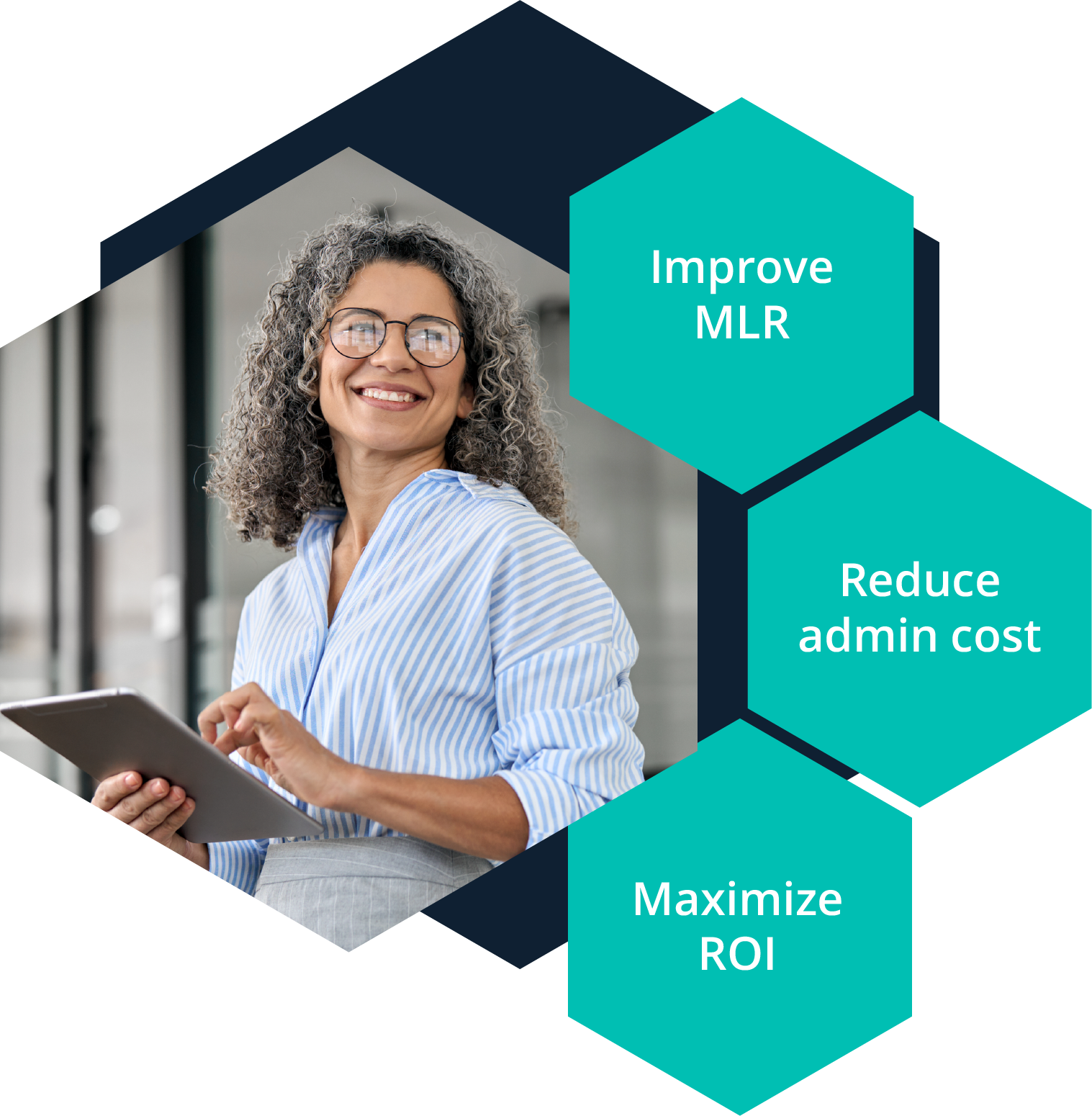 MedeAnalytics graphic showing goals to improve medical loss ratio, reduce administrative cost and maximize return on investment