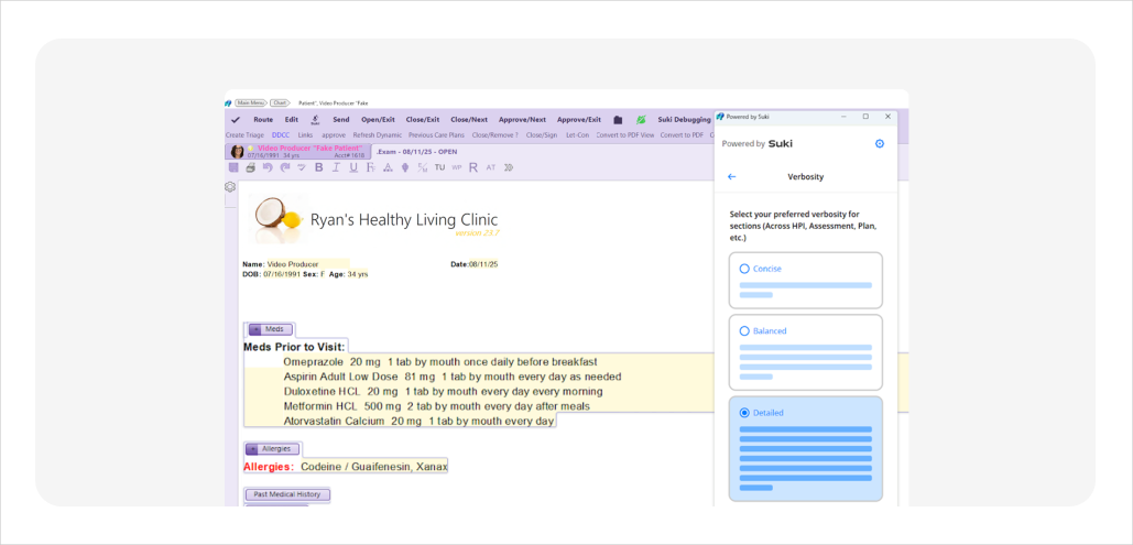 Suki embedded in MEDENT with options for concise, balanced or detailed clinical notes