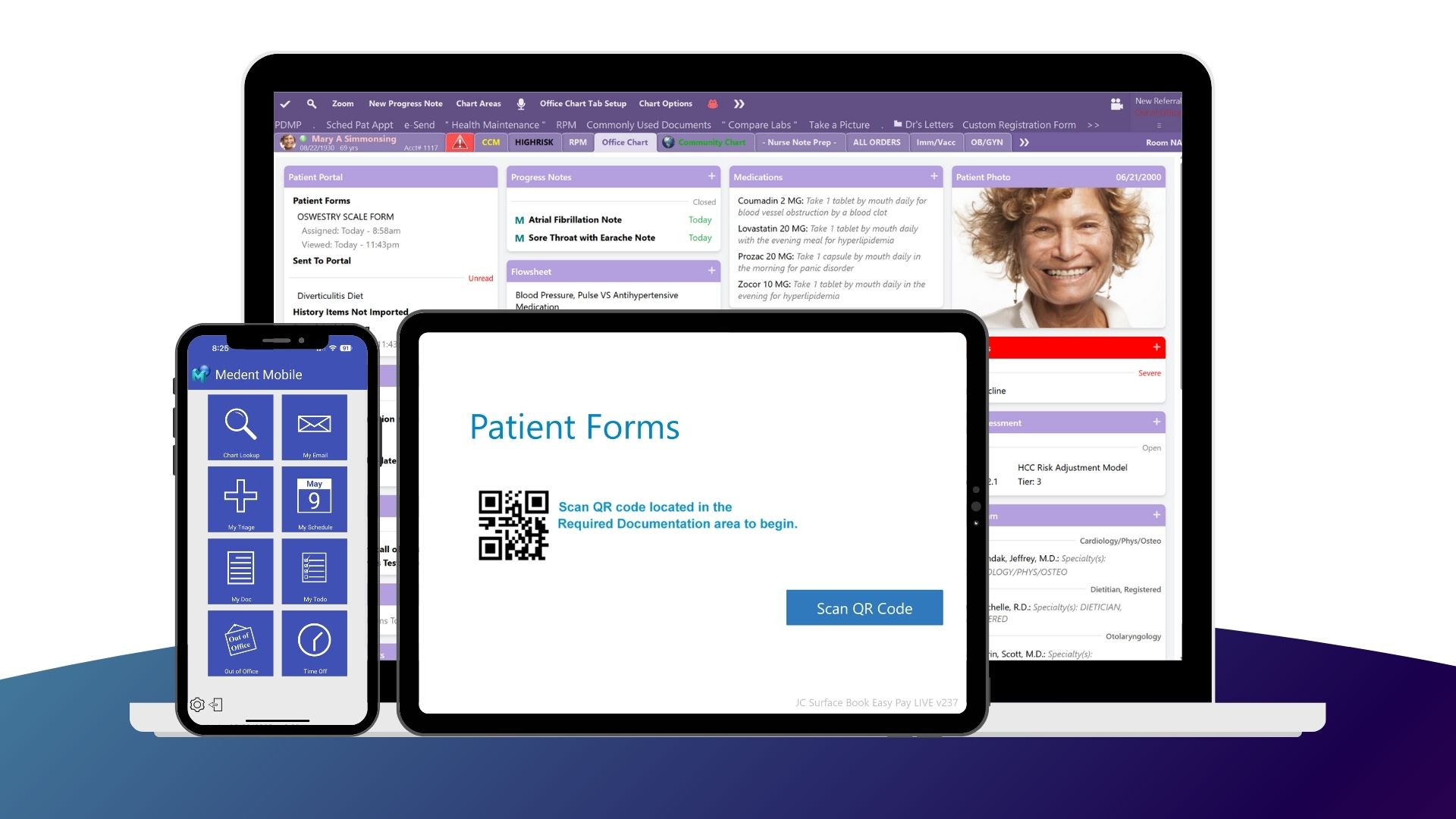 MEDENT promotional image showing a clinical chart, mobile menu and patient forms on three devices