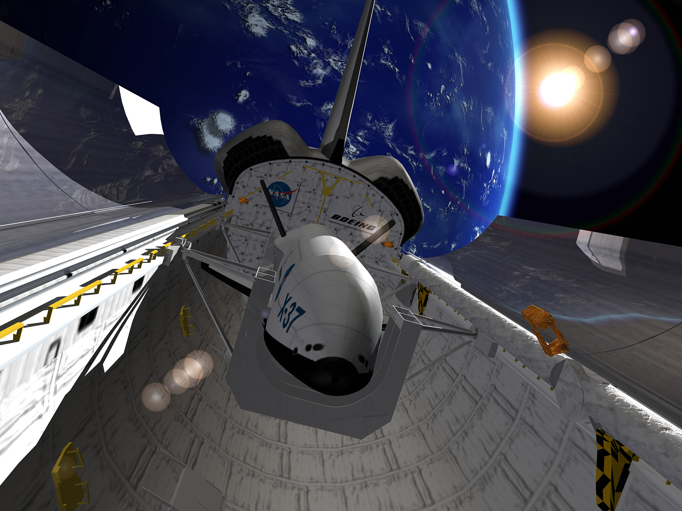 Media Fusion computer visualization of NASA's X-37 spacecraft in orbit