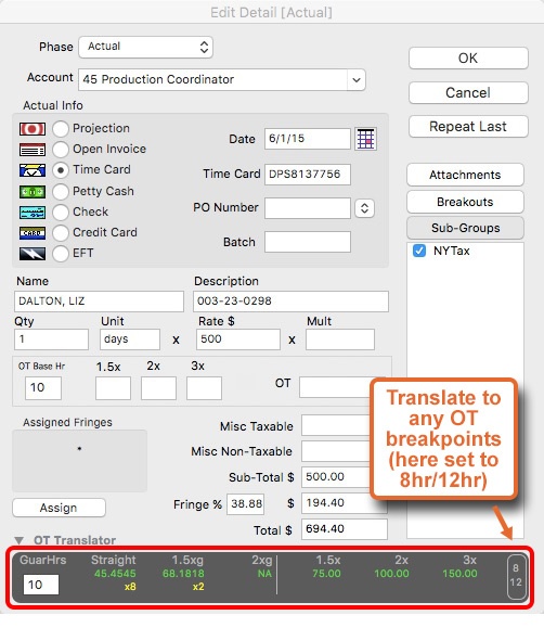 Showbiz Budgeting interface showing an overtime calculation pane