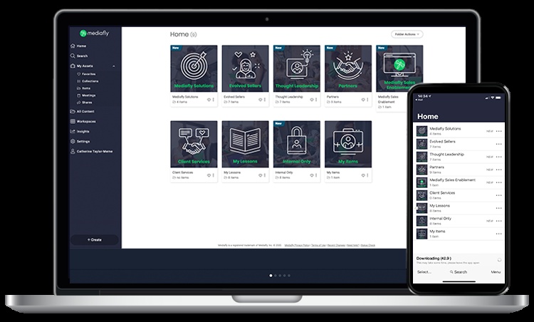 Mediafly content library displayed on a laptop and mobile phone