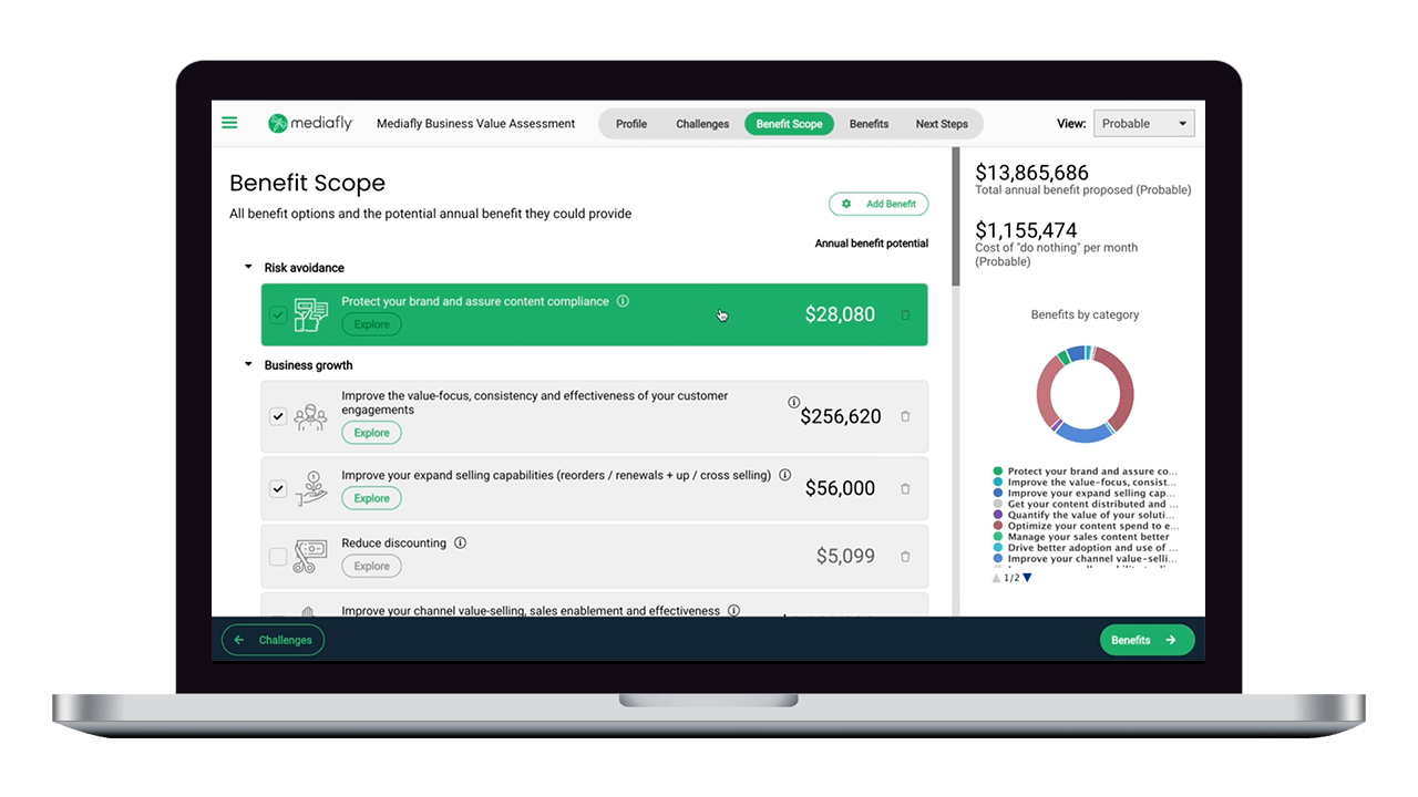 Mediafly business value assessment showing benefit categories and estimated financial impact