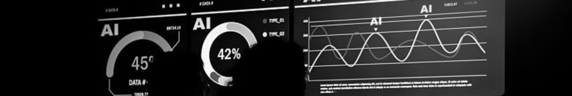 Medic’s monochrome LinkedIn cover artwork showing stylized AI dashboards