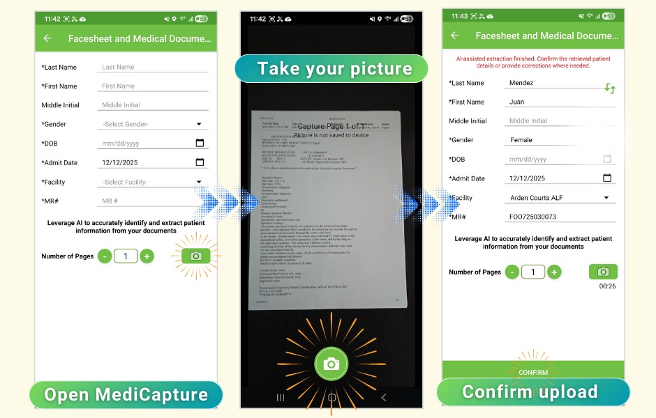 MediCapture product screenshots showing face sheet capture and confirmation
