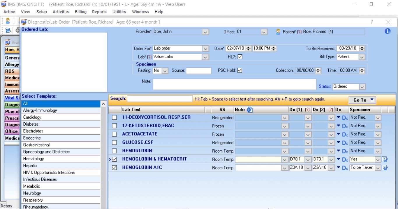 Historical IMS lab-order screen showing specialty templates, tests, specimen handling, and diagnosis fields.