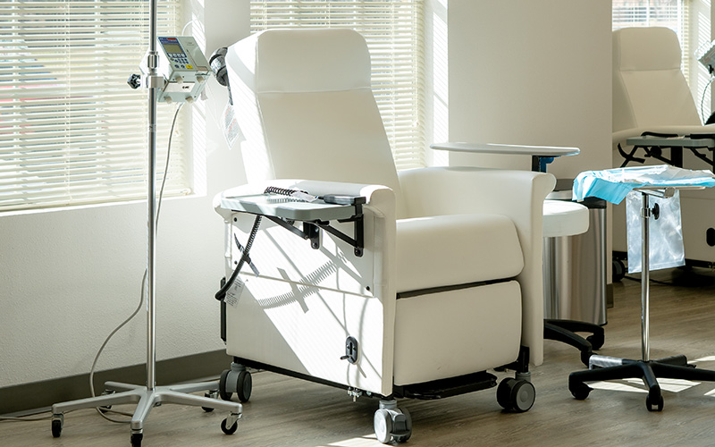 Sunlight falls across infusion recliners and IV equipment at Medix Infusion’s Fort Worth Alliance clinic