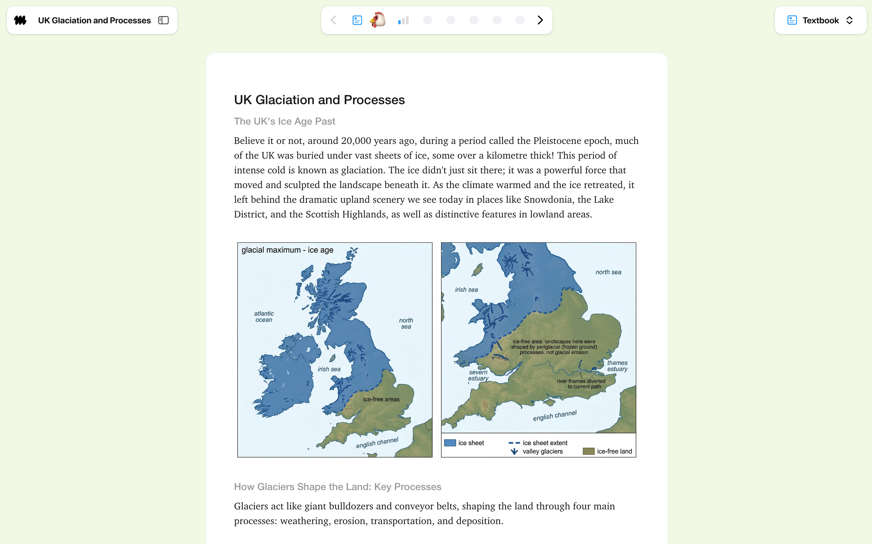 Medly product screen showing a GCSE geography textbook lesson on UK glaciation