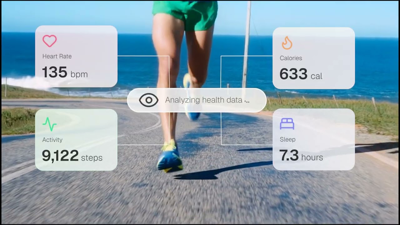 A runner on a coastal road surrounded by four wearable-data cards, from Prana's launch video