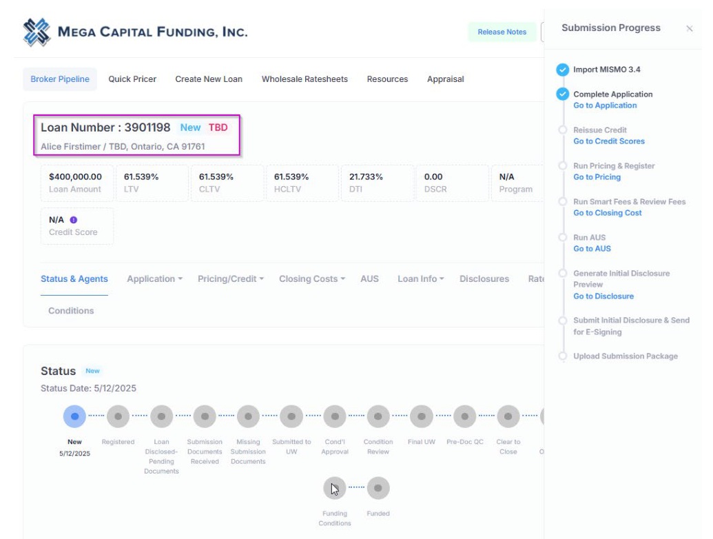 Demonstration loan in MGenius showing application stages and the submission progress checklist