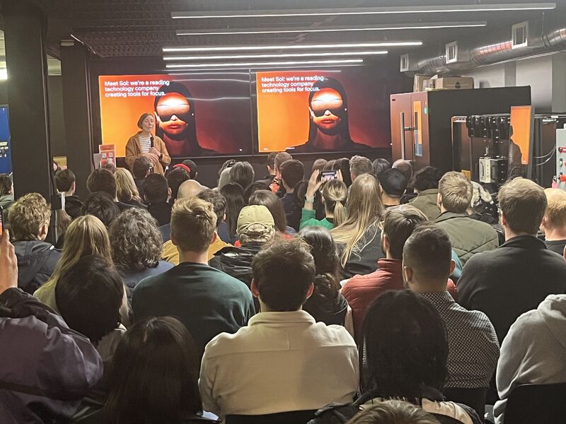 Meghan Easley-Park presenting Sol Reader to an audience at the 112th San Francisco Hardware Meetup