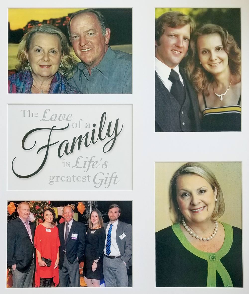 A collage of Melanie and Bob Dressel at different ages, with family photographs and a portrait of Melanie
