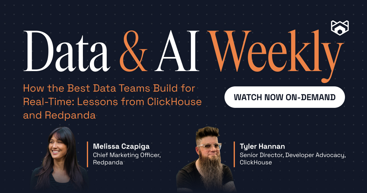 Redpanda Data and AI Weekly promotional image featuring Melissa Czapiga and Tyler Hannan