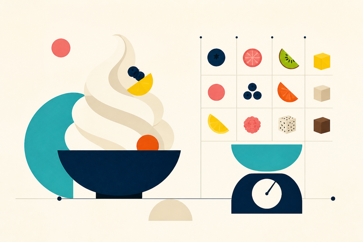 Abstract geometric frozen yogurt swirl, toppings and weighing scale in a Swiss poster style