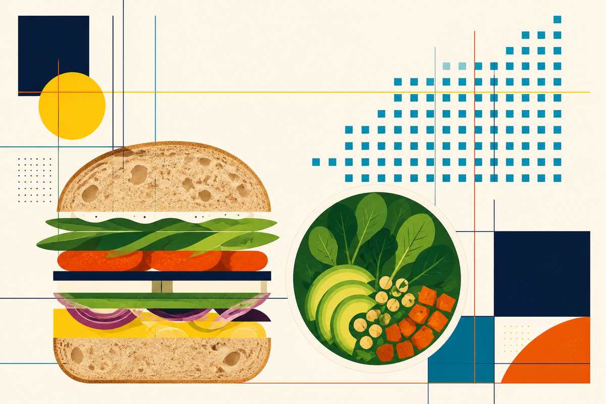 Abstract Swiss-style composition of a sandwich, salad and a rising grid of restaurant locations