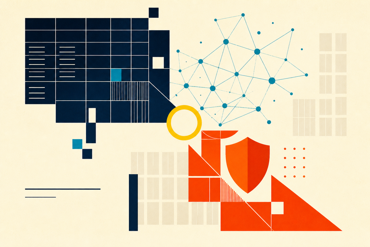 Abstract Swiss-style composition joining a ledger grid, neural network and security shield