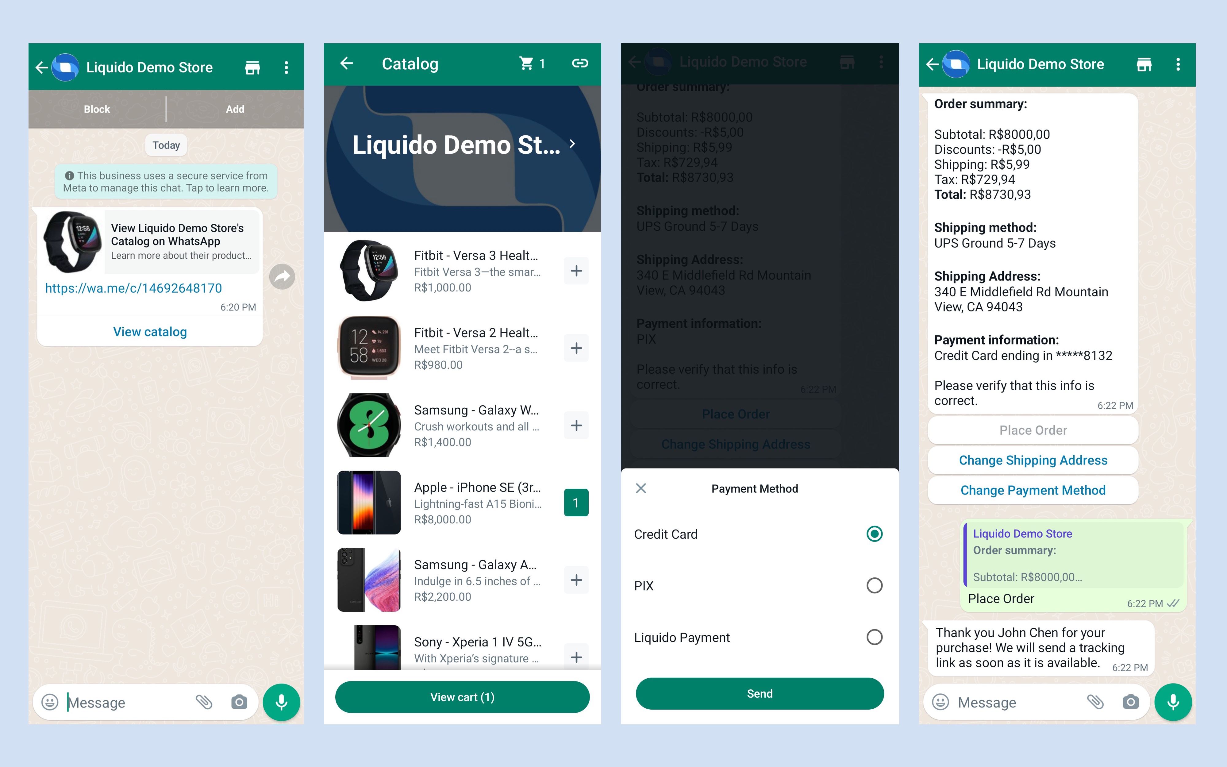 Four Liquido product screens showing a WhatsApp catalog, shopping cart, payment method choices and order confirmation